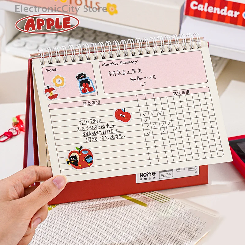 2026 Apple Cat Kalender, Tischkalender, hochwertiger Zeitmanagement-Kalender, Cartoon-Schreibtisch, doppelte Helix-Bindung für das Heimbüro