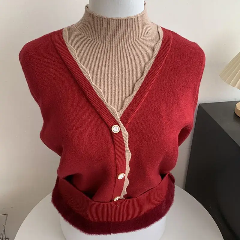Women Mom Style Fake Two Piece Knit Sweater Turtleneck Fleece Lined Thick Warm Middle Aged Thermal Pullover Top