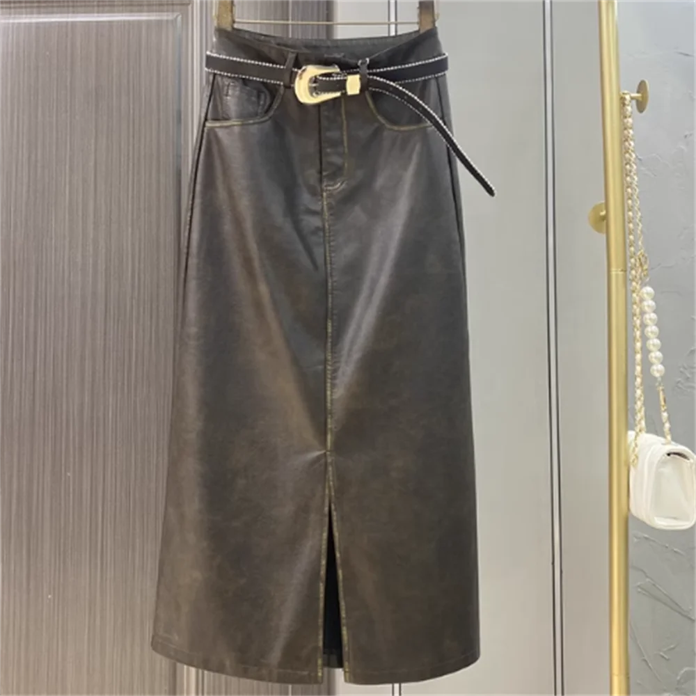 

Split-forked PU leather skirt women's autumn and winter new high-waisted long skirt