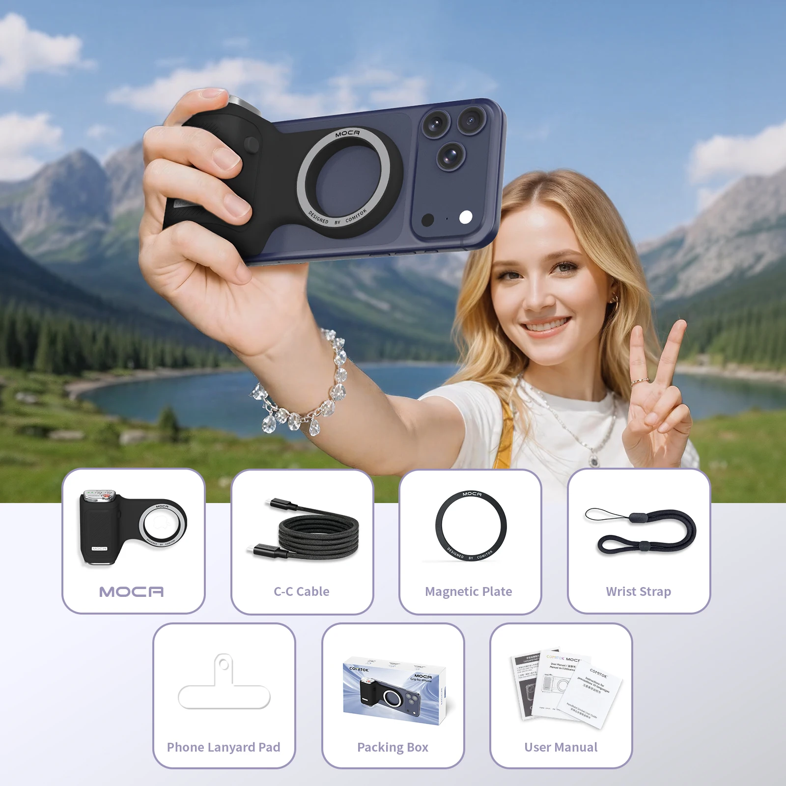 COMITOK magnetische telefoongreep met afstandsbediening, draagbare opnamehandgreep voor iPhone Vlog-video's, eenvoudige bediening met één hand
