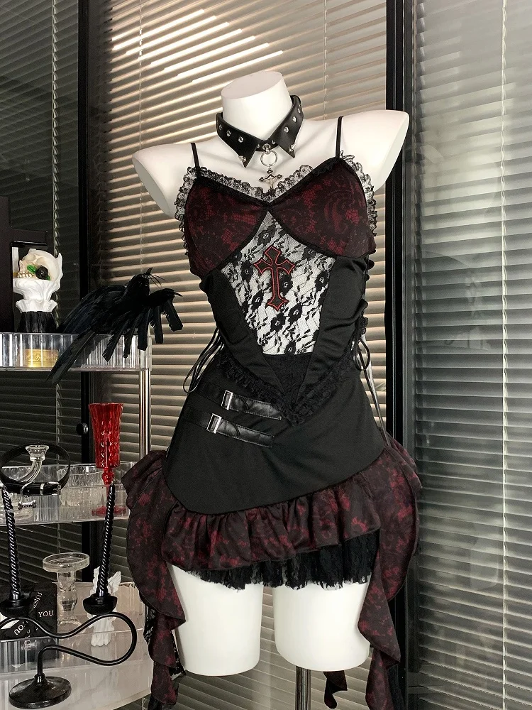 Gothic Sle Cross ort Rok Set Onregelmatige Dr Hot Girl Subcultuur Kleding Polyestervezel V-Ne Pullover Lente F...