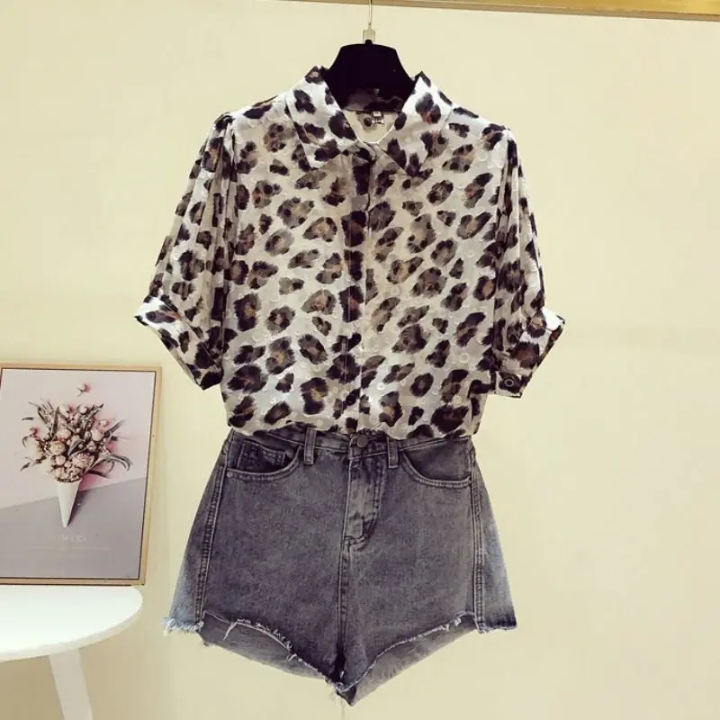 Fashion Y2k Summer Loose Lapel Collar Leopard Women Short Sleeve Single-breasted Office Lady Casual Affordable Comfortable Shirt