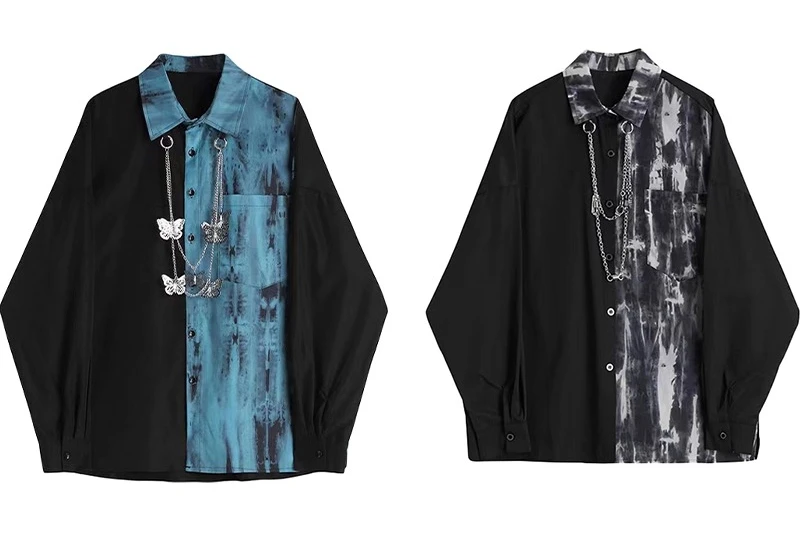 2025 Spring and Autumn New Chain Turn-down Collar Long Sleeve Men's Black Blue Shirt Loose Casual Couple Black Gray Shirt