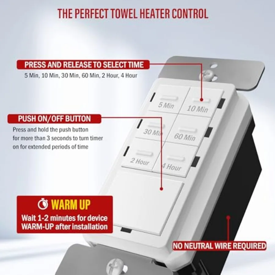 No Neutral Wire Countdown Timer Switch, 5-10--60, -, for Bathroom Fans, Heaters, Lights, LED Indicator, 120VAC 800W, UL Listed,