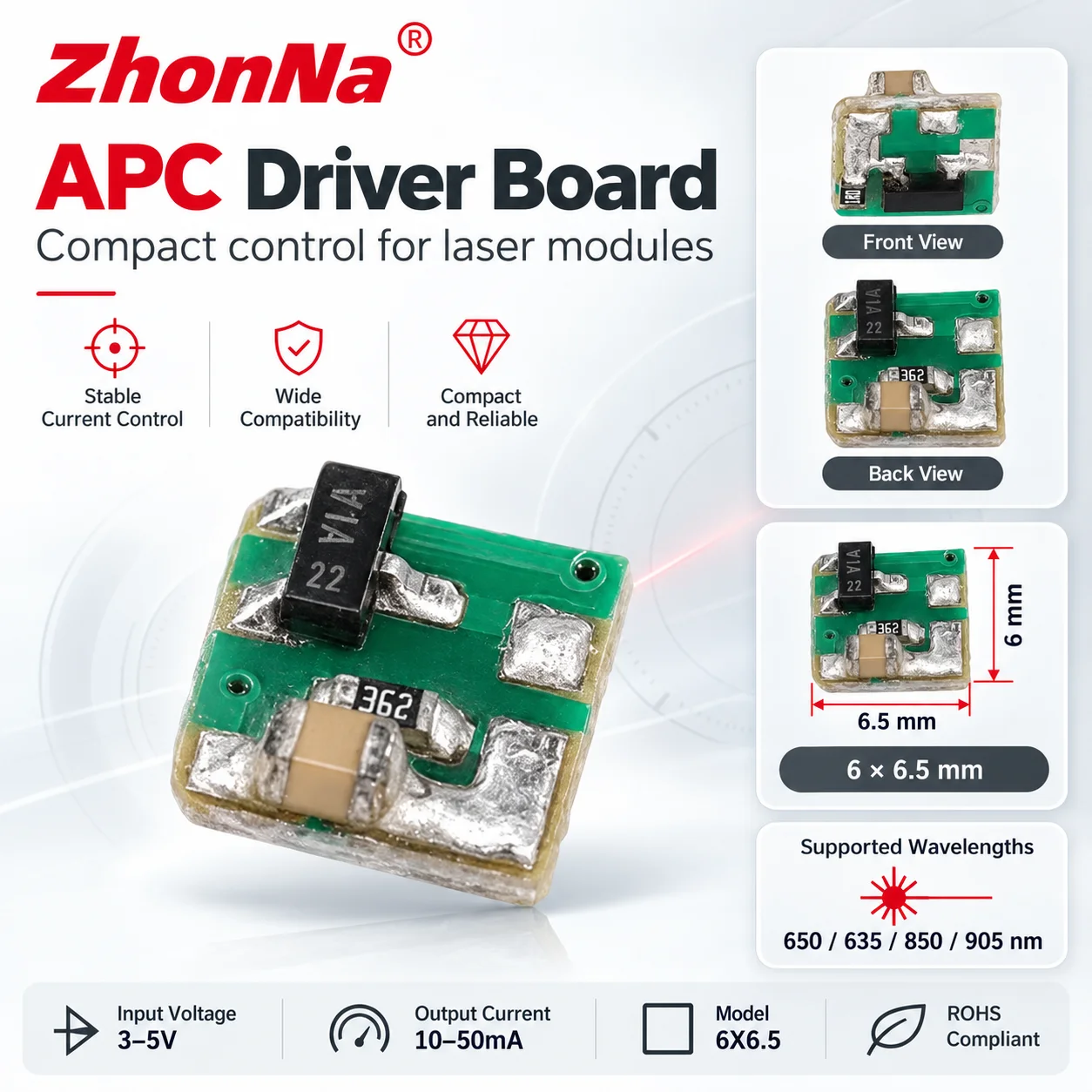 ZhonNa Red Laser Diode Driver PCB APC Control 10-50mA 3-5V 650nm 635nm 850nm 905nm Photoelectric Module OEM Laser Equipment Part