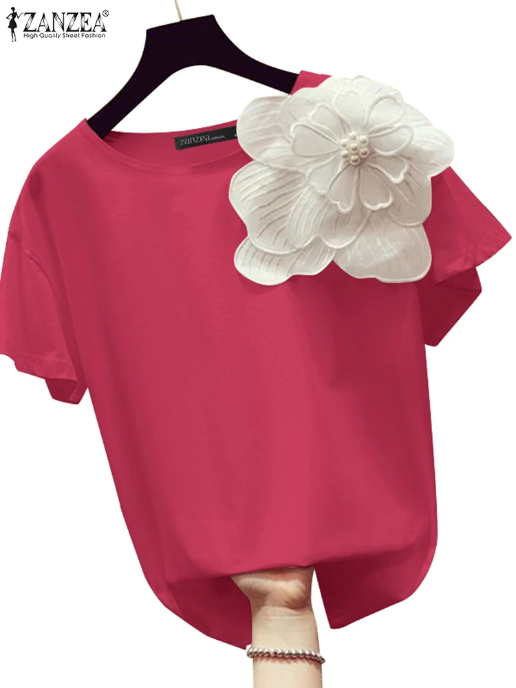 ZANZEA-Camisa floral elegante de manga curta feminina, blusa casual com gola O, tops elegantes de férias, festa, trabalho, verão