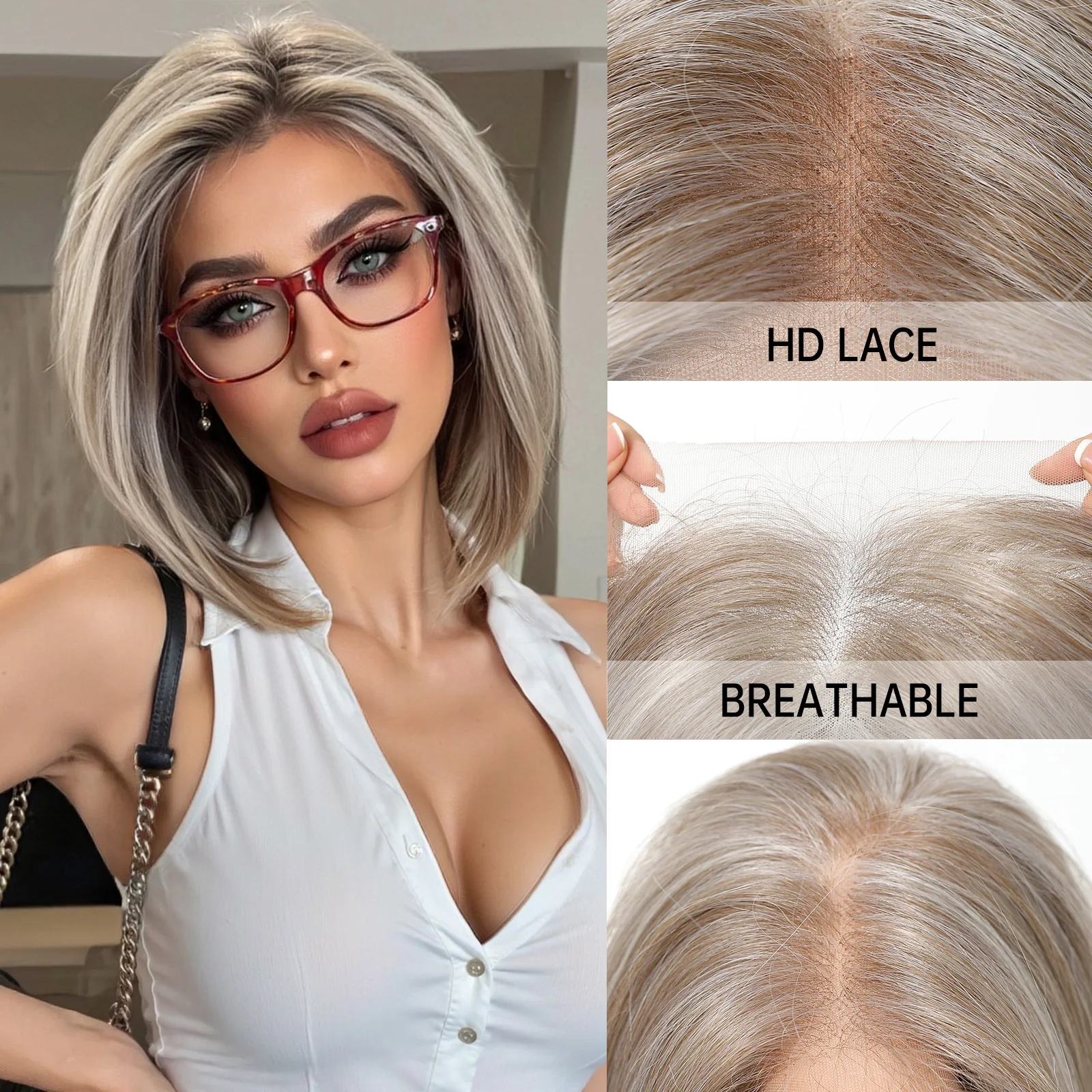 Topshe 13x6 HD Lace Frontal Bob Wig Ash Gray Pre-Plucked Natural Hairline Hand-Woven Undetectable Realistic Synthetic Wigs