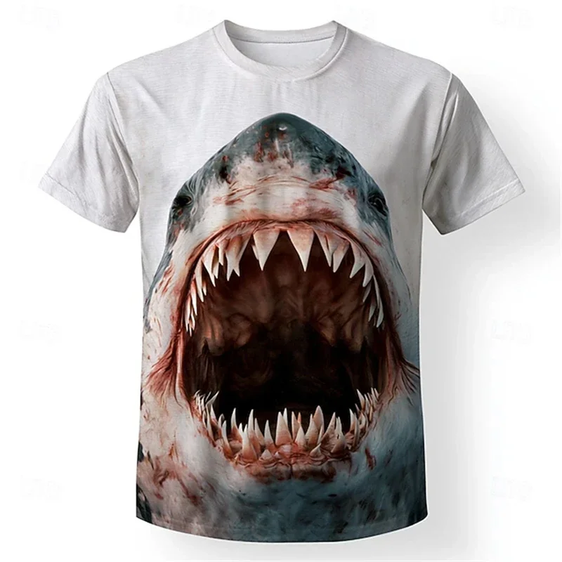 3D Graphic T‑Shirt Ferocious Bloody Shark Big Mouth Print Crew Neck Short Sleeve Ocean Animal Horror Casual Street Tee Tops