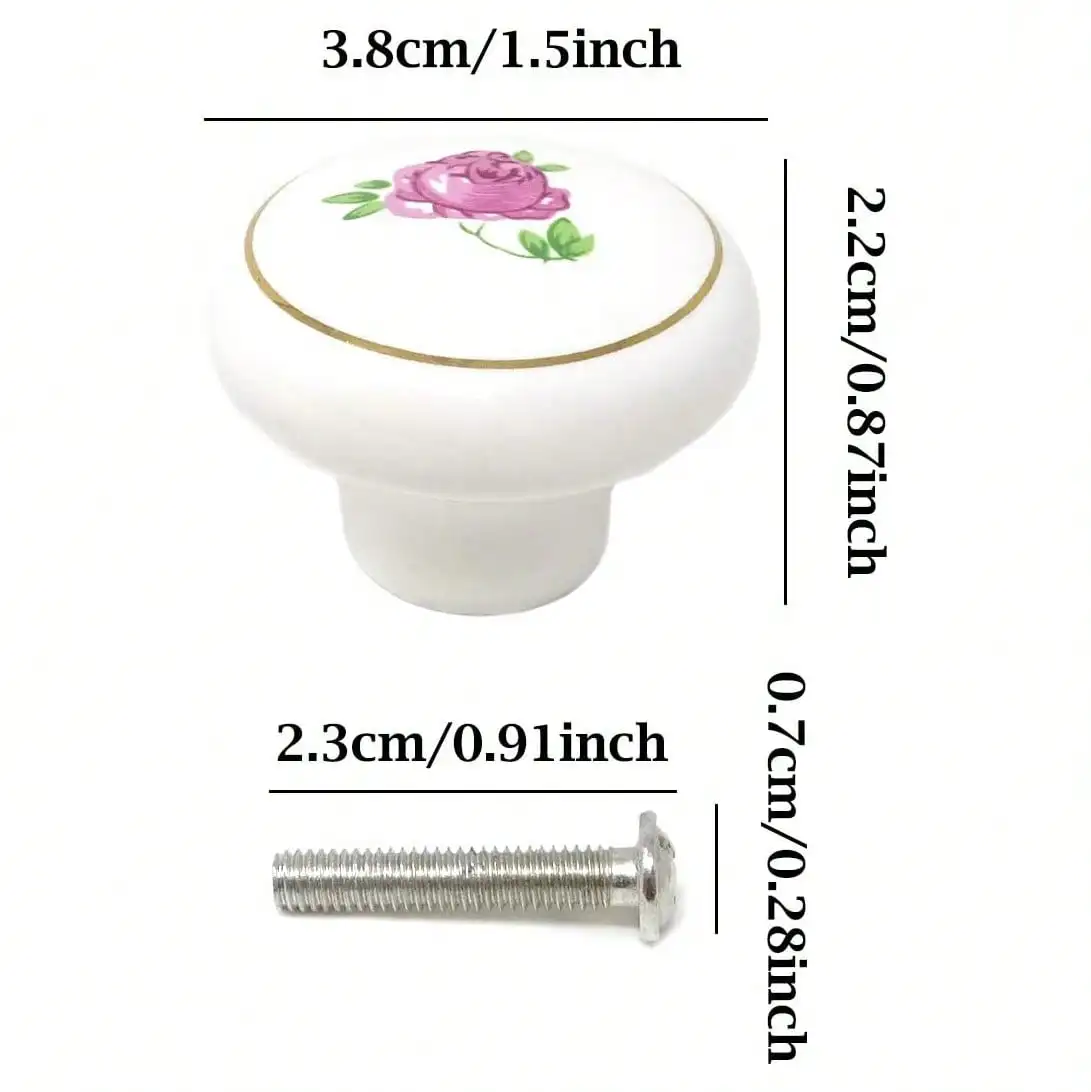 6 Pcs 1-1/2 Inch Hand Painted Ceramic Handles, Kitchen Cabinet Drawer Knobs, Dresser Pulls (Pink Rose).