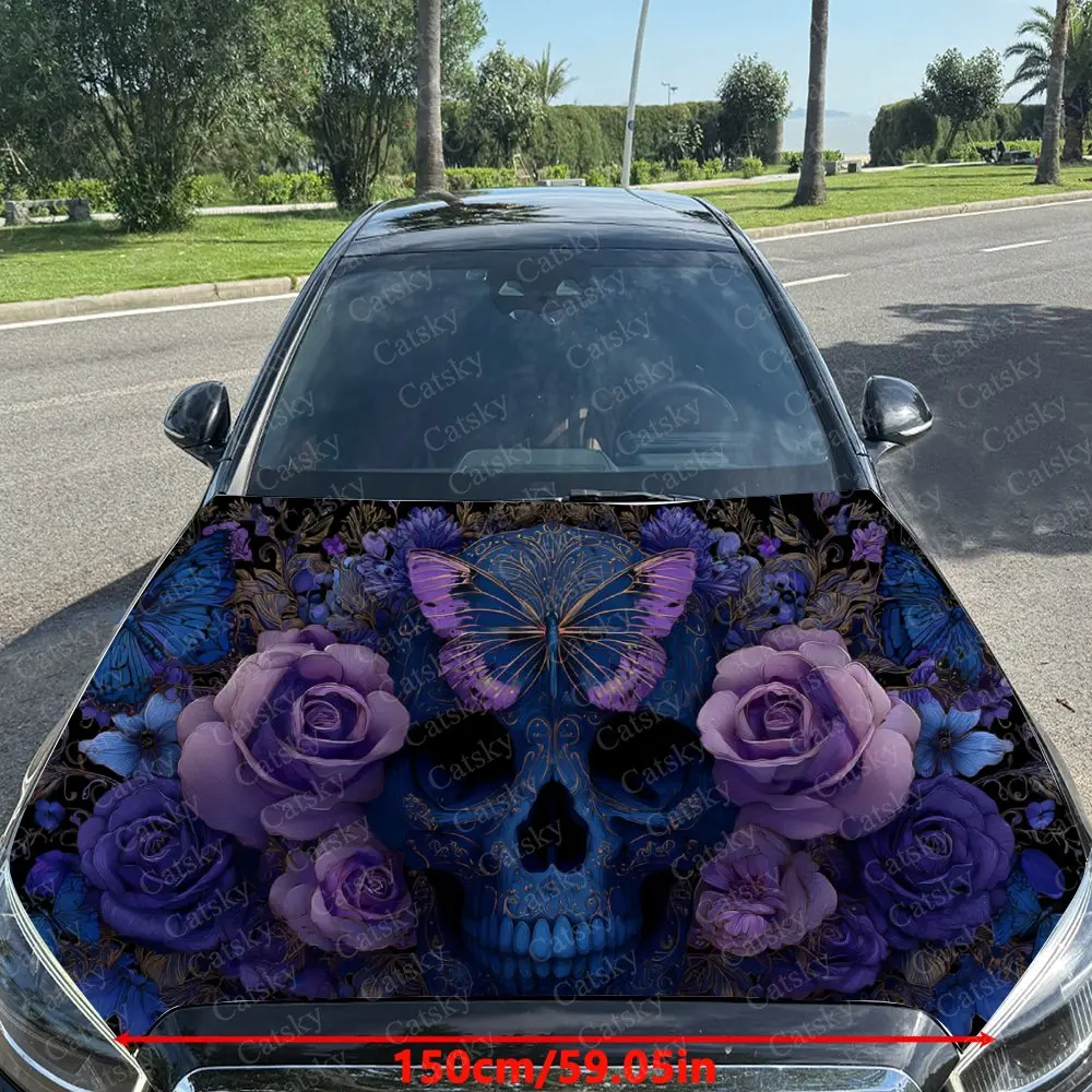 Car Decal Skull with Purple & Blue Roses and Butterflies for a Bold, Nature-Infused Aesthetic Car Hood Sticker, Waterproof Self view 2