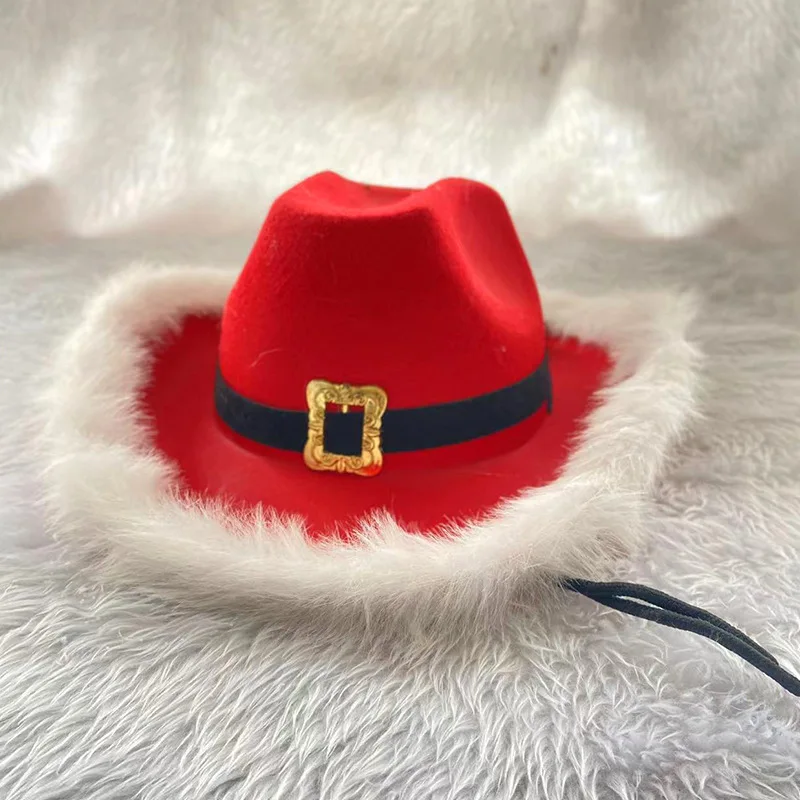 Christmas Hat Santa Feather Western Cowboy Hat Claus Glow Cowboy Hat Belt New Year Hat Gift for Women Girl Western Hat