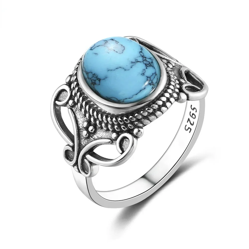 925 Sterling Silver Ring for Women Natural 8x10MM Oval Turquoise Rings Fine Jewelry Anniversary Party Gift