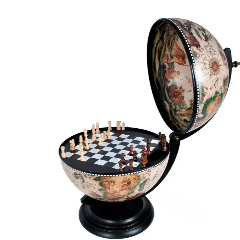 Handmade white globe 13 inches with chess stand, retro-style decorated world map for home and office decoration