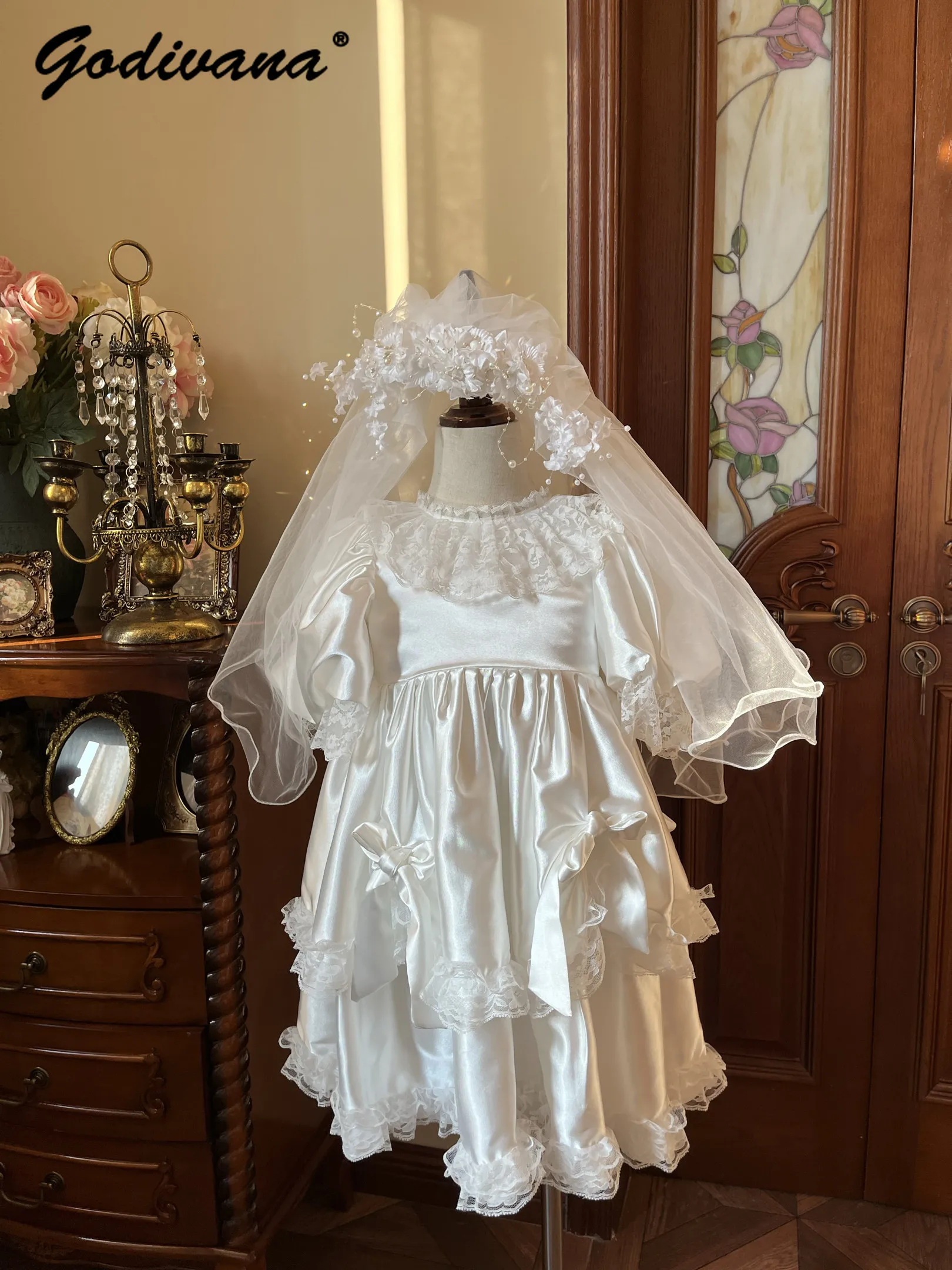 Original Vintage Childrens Princess Birthday Party Dress Sweet Girls High End Elegant Bow Lace Trim Flower Girl Wedding Dress