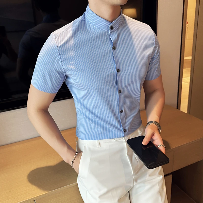 Chinese Style Standing Collar Shirt for Men Summer Half Sleeve Striped Shirts Men's Casual Business Formal Dress Shirts