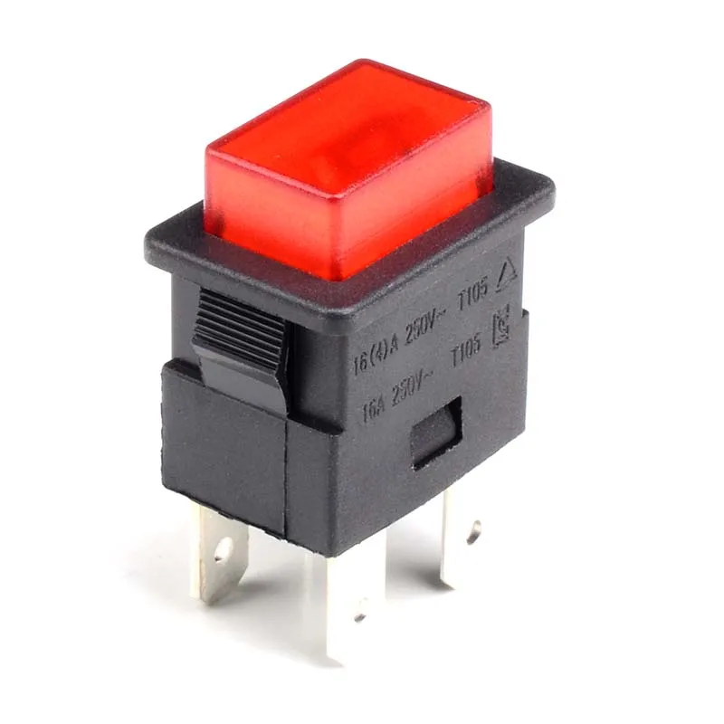 2pcs Black 16A 4 Pins Locked Push Button Electrical Rocker Switch With LED Light Red Heater Touch Switch 250V PS23-16 T105