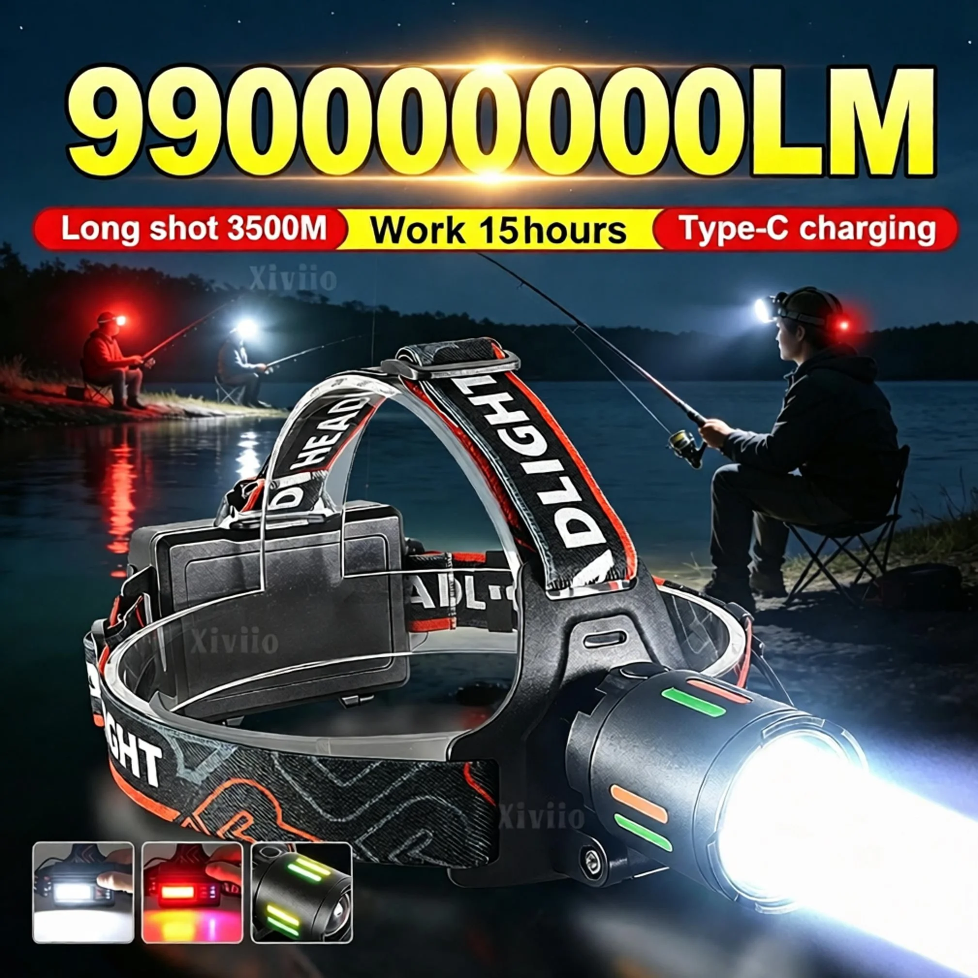 990000000LM 3500M Long Shot High Power LED Headlamp Ultra Bright Headlight 3*18650 Rechargeable Camping Fshing Head Flashlight