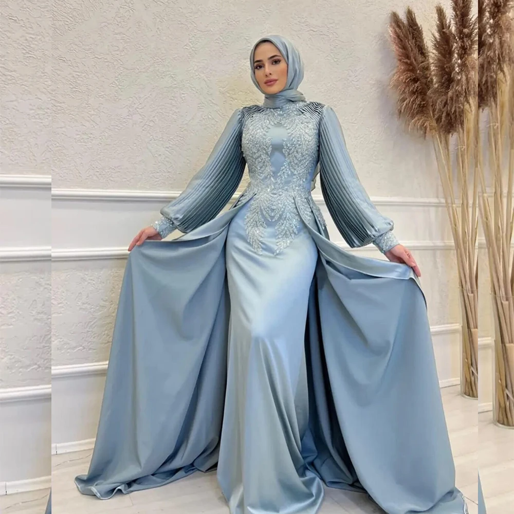 

Muslim Wedding Dresses with Hijab Puff Sleeve for Woman Dress High Neck Mermaid Beading Sequined Modest Bride Gown Customized