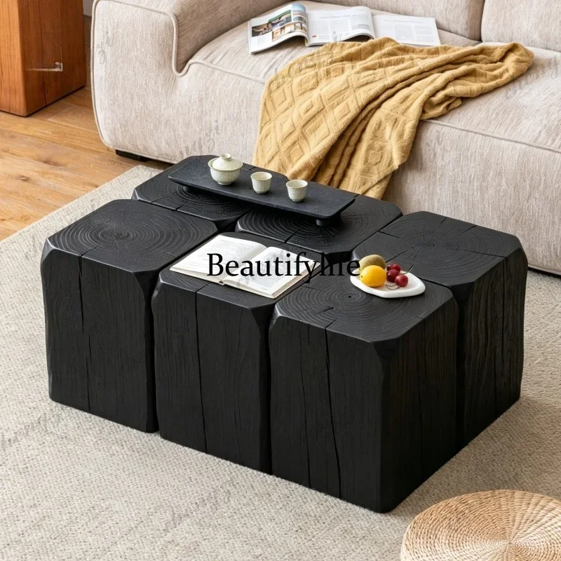 K153  Solid wood coffee table combination Solid wabi-sabi wind deep pattern retro old edge log ornament