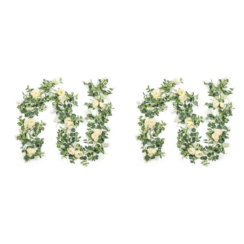 

Набор из 4 гирлянд ABWR с эвкалиптом и розами цвета шампань, искусственные шелковые цветочные гирлянды из листьев эвкалипта (A)