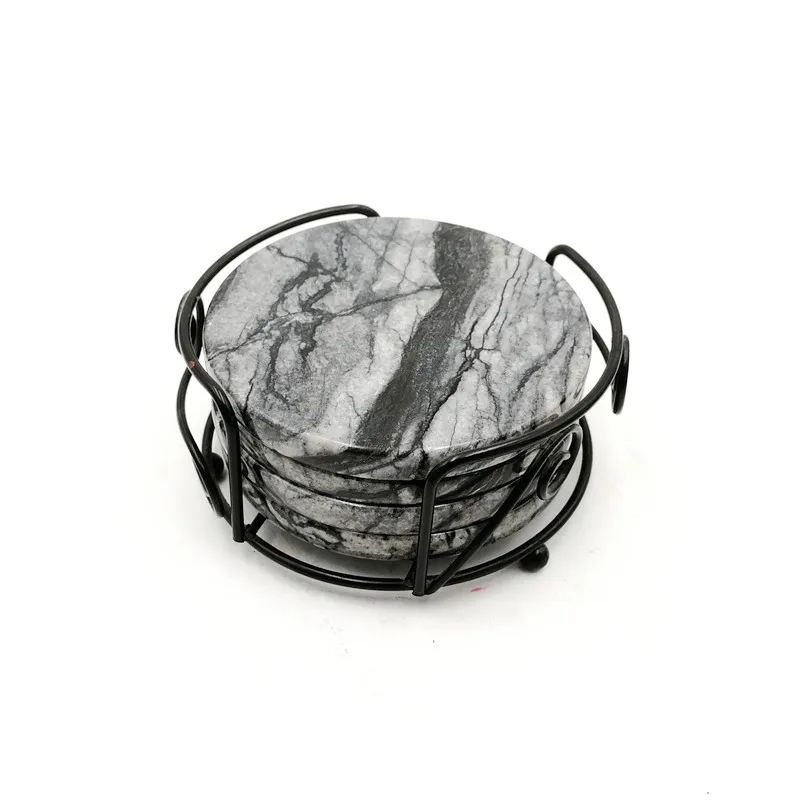 Customized Wholesale 20pcs Home Decor Round Black Marble Coasters Set with Holder