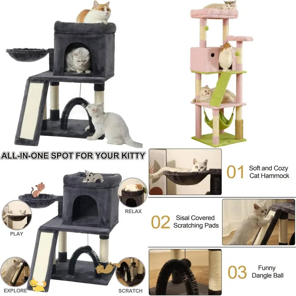 

Indoor Multi-Level Cat Tree with Hammock, Condo, Scratching Posts, Self-Grooming Brush, and Play Area for Cats