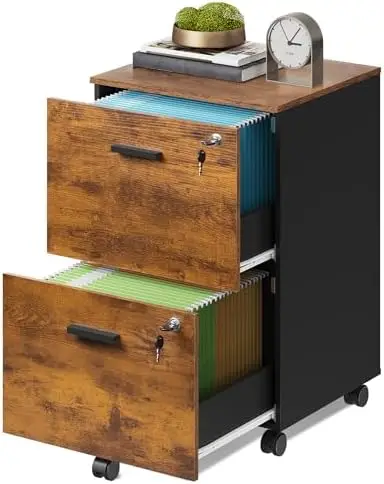 2 Drawer File Cabinet with Lock, Mobile Printer Stand, Rustic Brown | Under Desk Cabinet, Wood Filing Cabinet, Rolling