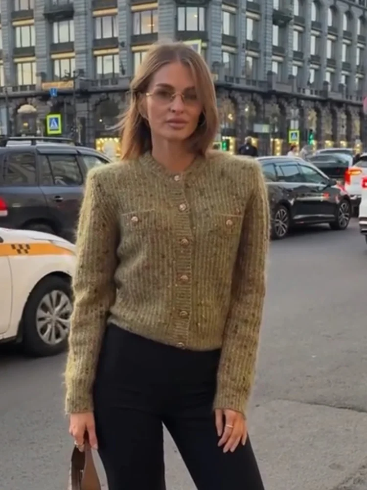 Knitted Cardigan For Women Single Breasted Elastic Hem Pocket O-Neck Women's Sweater Long Sleeve Short Blouse Chic Cardigan Lady
