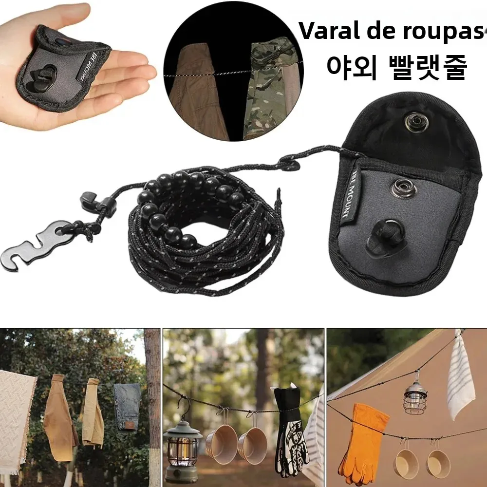 Corda de Secagem Ajustável para Camping ao Ar Livre, Resistente ao Vento, com 12 Clipes e Bolsa de Armazenamento