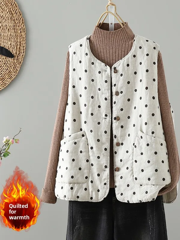 

Повседневный жилет из хлопка и льна в горошек, больших размеров, женский, на одной пуговице, с круглым вырезом, теплая верхняя одежда, универсальный, с наплечниками