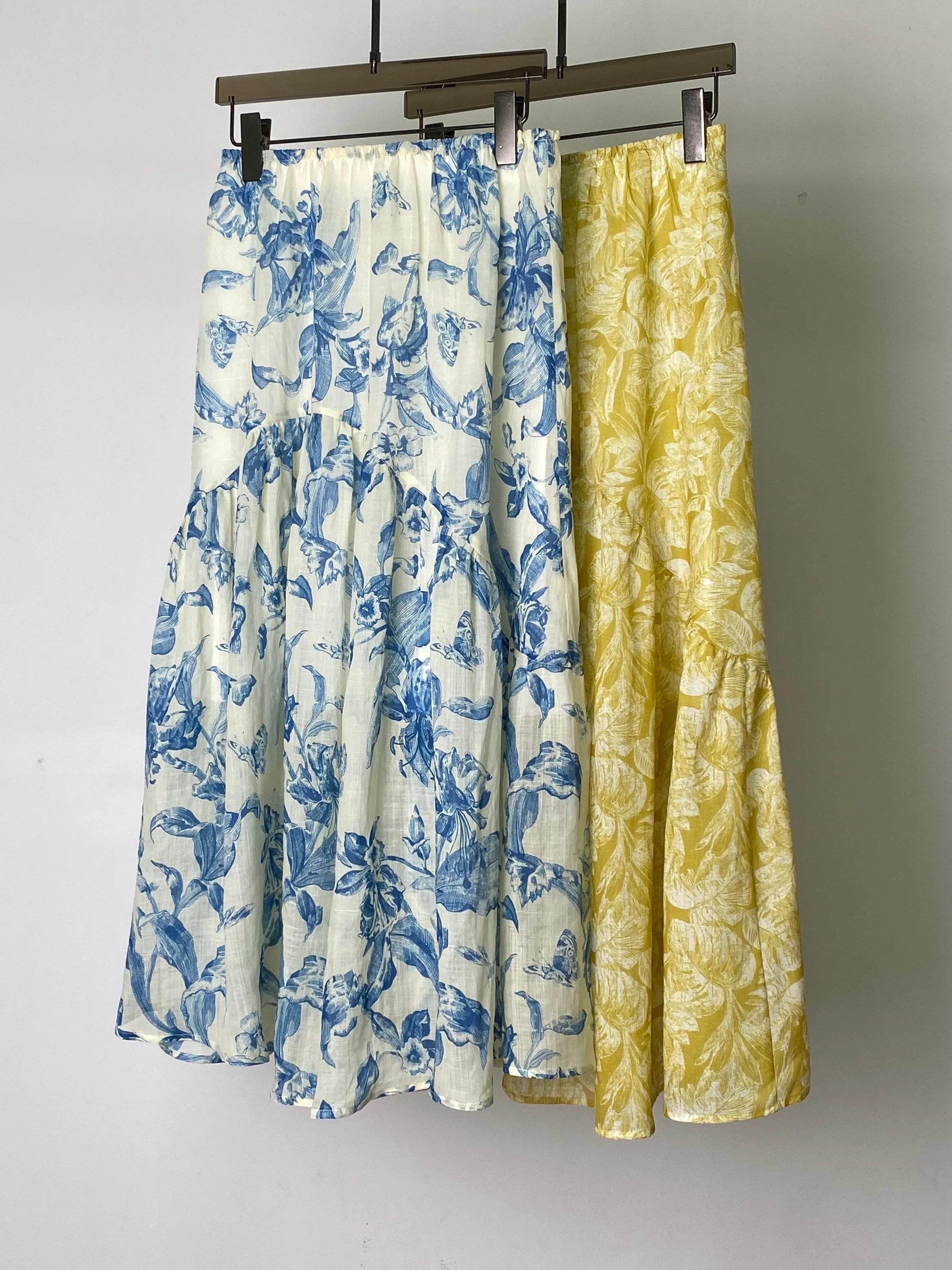 Retro Style High Waist A-Line Midi Skirt Women's Cotton Linen Print  Forest System Summer New Style Slimming Versatile S...