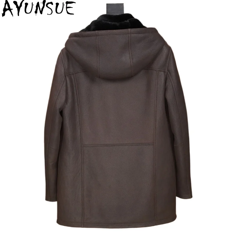 AYUNSUE Natural Merino Sheep Shearling Coat Man Warm Hooded Winter 2026 Mid-Length Genuine Sheepskin Real Fur Jacket Outerwear