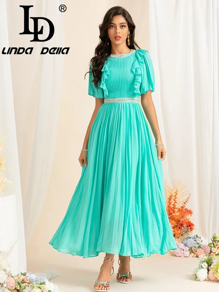 LD LINDA DELLA 2024 summer Europe and the United States Women's Elegant Elegant Nail Ruffled Pleats Large Swing Long Dress