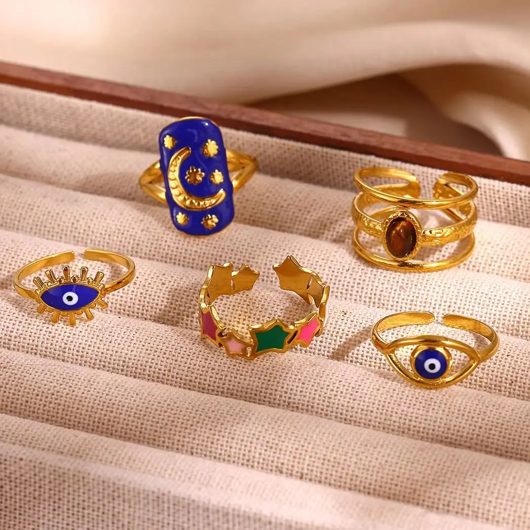 Retro Enamel Star Moon Evil Eye Rings Gold Color Stainless Steel Open Finger Ring For Women Lucky Protection Punk Jewelry Gift