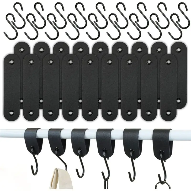 

AB33-18 Hooks Set-Coat Hook Rail-S Hook With Leather Loo -Hook Coat Rack For Hallway,Bathroom, Camping, Kitchen - PU Leather