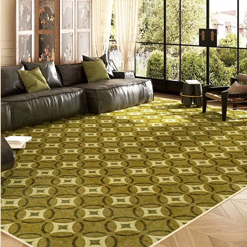 Living Room Mat Machine Washable Non-slip Soft Bedroom Rugs Green Retro Large Size Carpet French Plaid Imitation Cashmere Mats