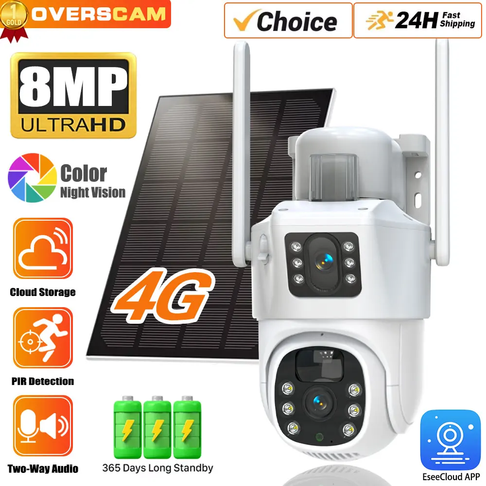 

8MP 4K 4G SIM Card Solar Camera PTZ 360 IP Camera CCTV Battery Cameras Outdoor Dual Lens Smart Home Security Surveillance Solar