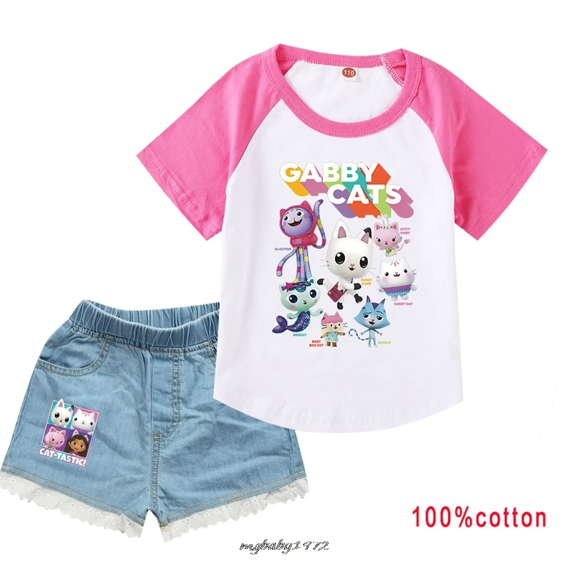 Lovely Gabby Cats Children Outfits Summer Suits Jeans Shorts+Short Sleeve Tee Sweatshirt Clothes Toddler Girls Tracksuit Sets