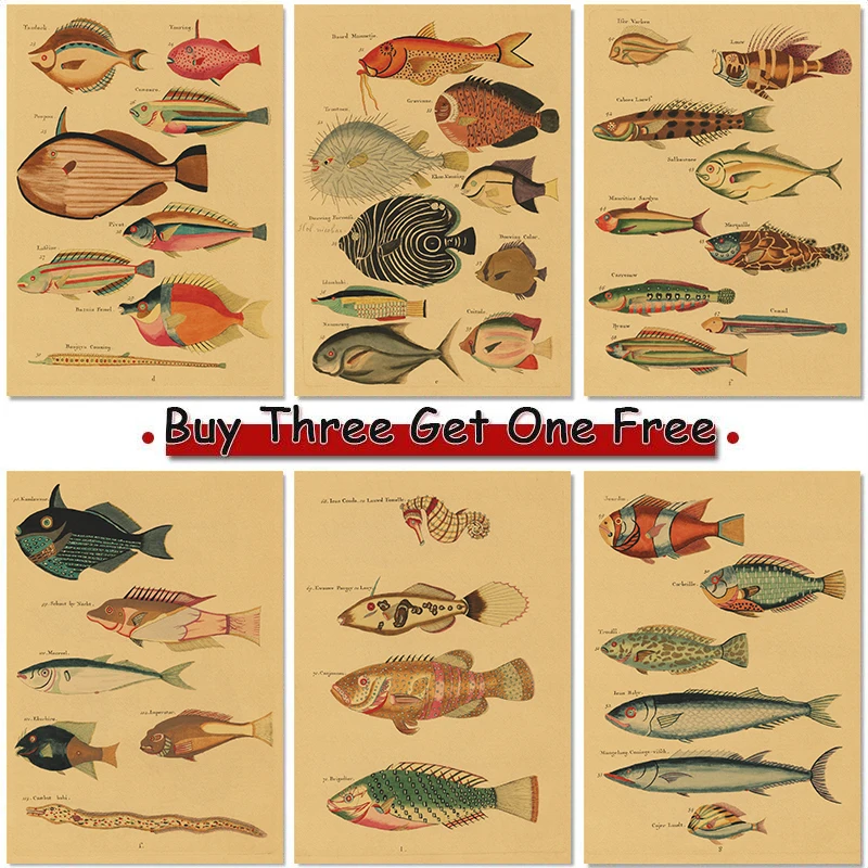 

Retro Biology Fish Atlas Poster Trout/Sheepshead/Butterfish/Silver Chub Fish Painting Wall Art Picture Bedroom Home Decor