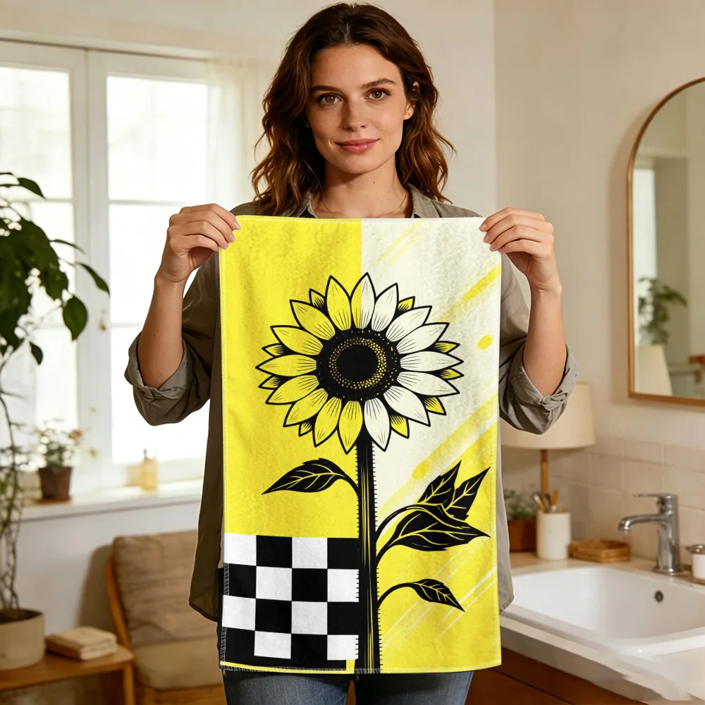 1pc/2pcs Sunflower and Black & White Checkered Printed Kitchen Towel-Super absorbent, reusable polyester dishcloths perfect for