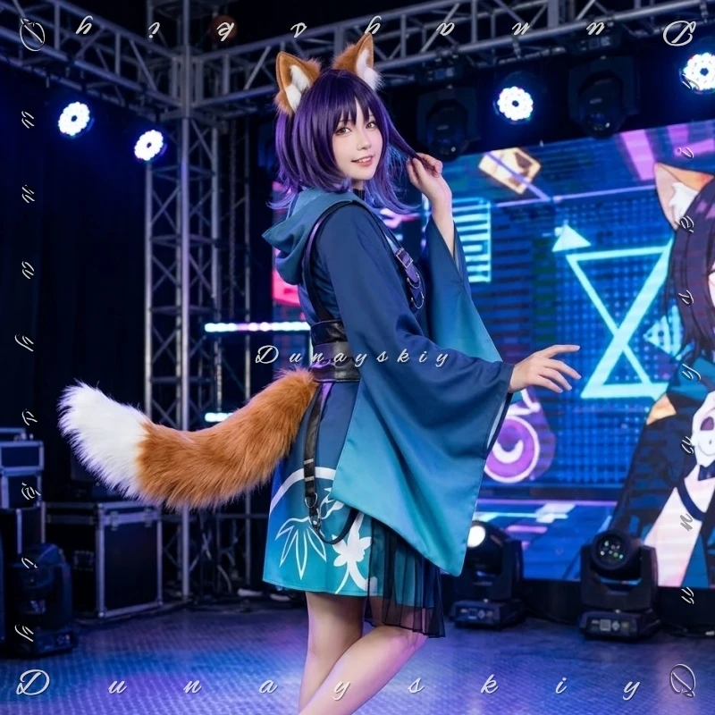 

Iroha Sakayori Cosplay Kemonomimi Tail Set Costume Wig Anime Cosmic Princess Kaguya! Gradient Blue Kimono Robe Halloween Stage