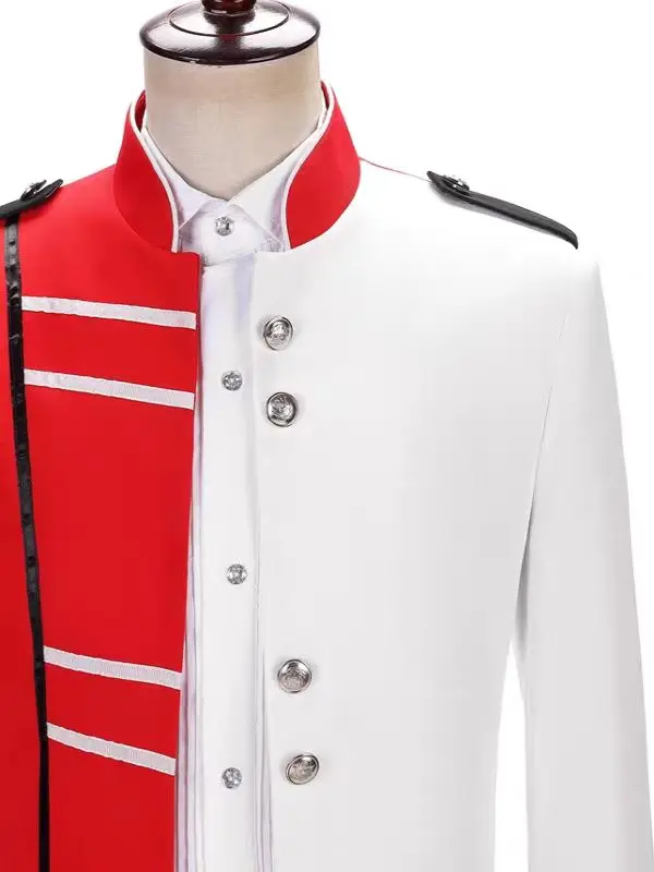 الرجال الأحمر والأبيض كتلة العسكرية اللباس الرسمي المحكمة الملكي المرحلة أزياء مسرحية ملهى ليلي المضيف المغني DJ Dancewear #3