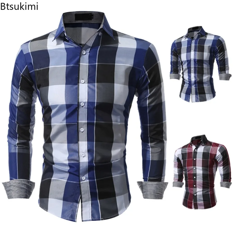 2026 New Men's Plaid Pattern Printed Shirt Male Long Sleeved Lapel Shirt Fashionable Casual Top Comfortable Breathable Garment