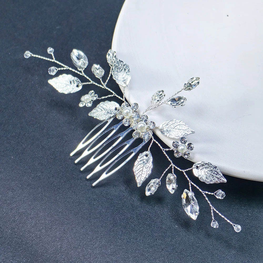 Leaf bridal wedding crystal hair comb rhinestone pearl bridal hair piece flower headdress suitable for women and girls