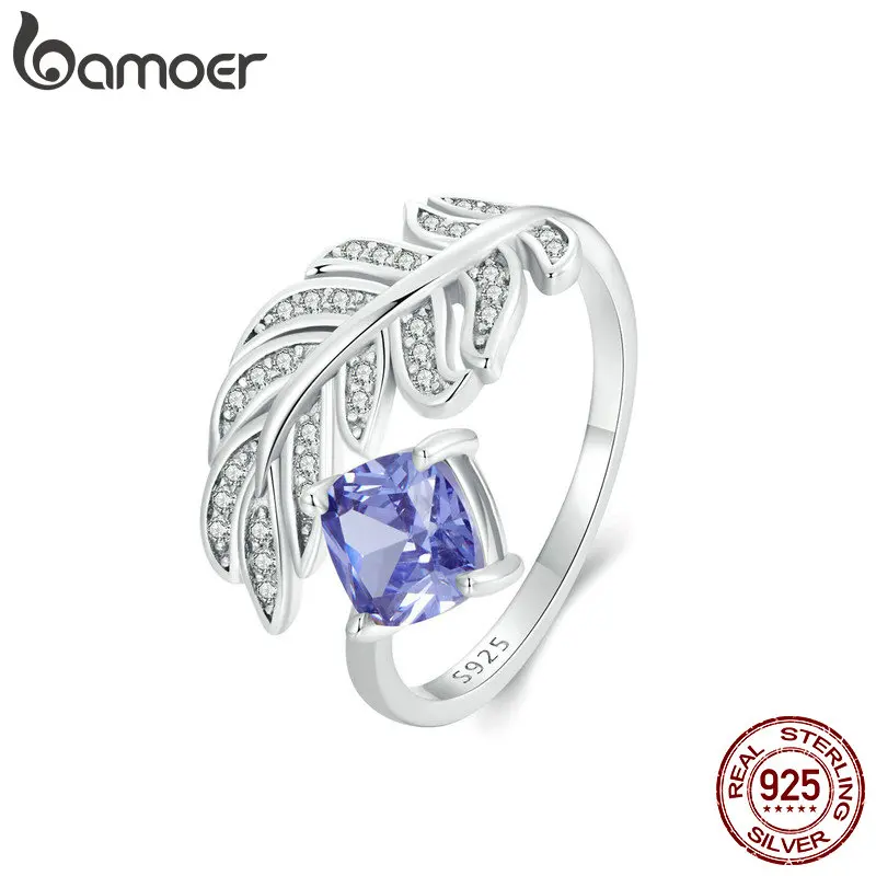 BAMOER 925 Sterling Silver Adjustable Feather Ring For Women with Blue Gemstone Dainty Feather Sizable Ring Jewelry