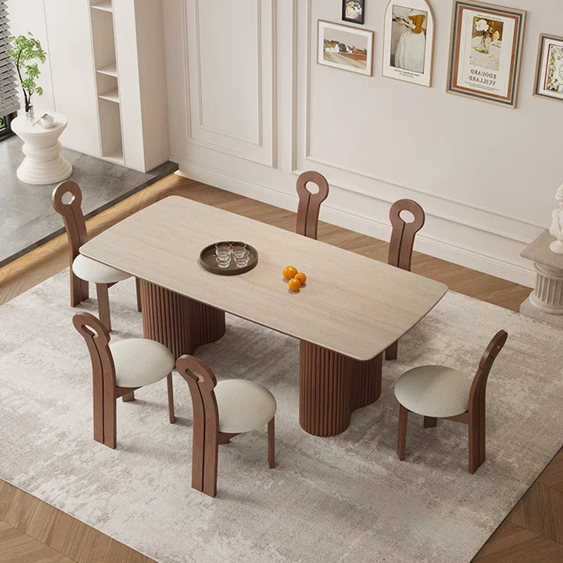 Nordic Luxury Table Design Solid Wood Beautiful Rock Slab Delicate Spacious Dining Table Rectangle Mesa Comedor Home Furniture