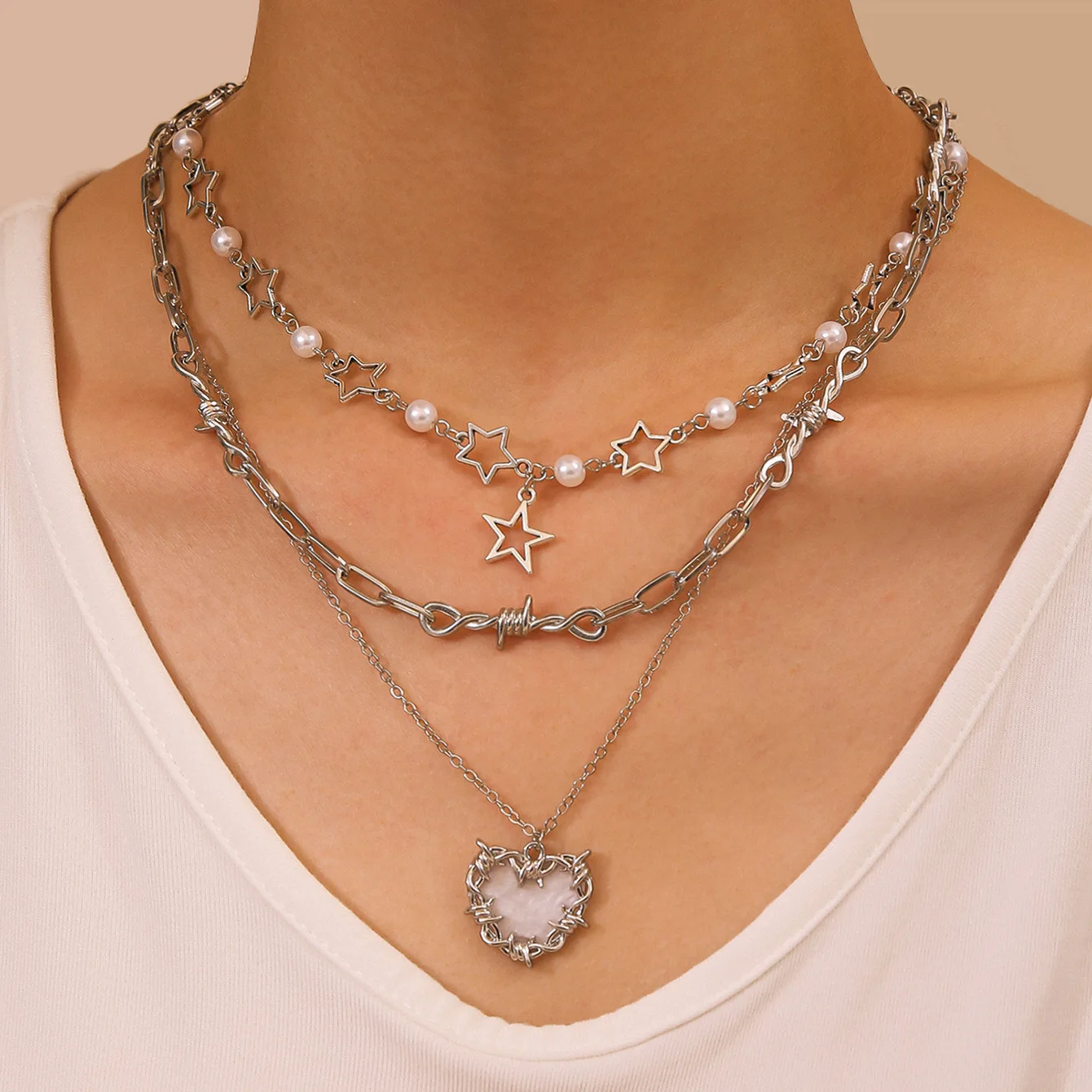Three-Layer Star Pearl Barbed Wire Heart Pendant Necklace, Silver Multi-Chain Y2K Punk Layering Neck Chain for Women
