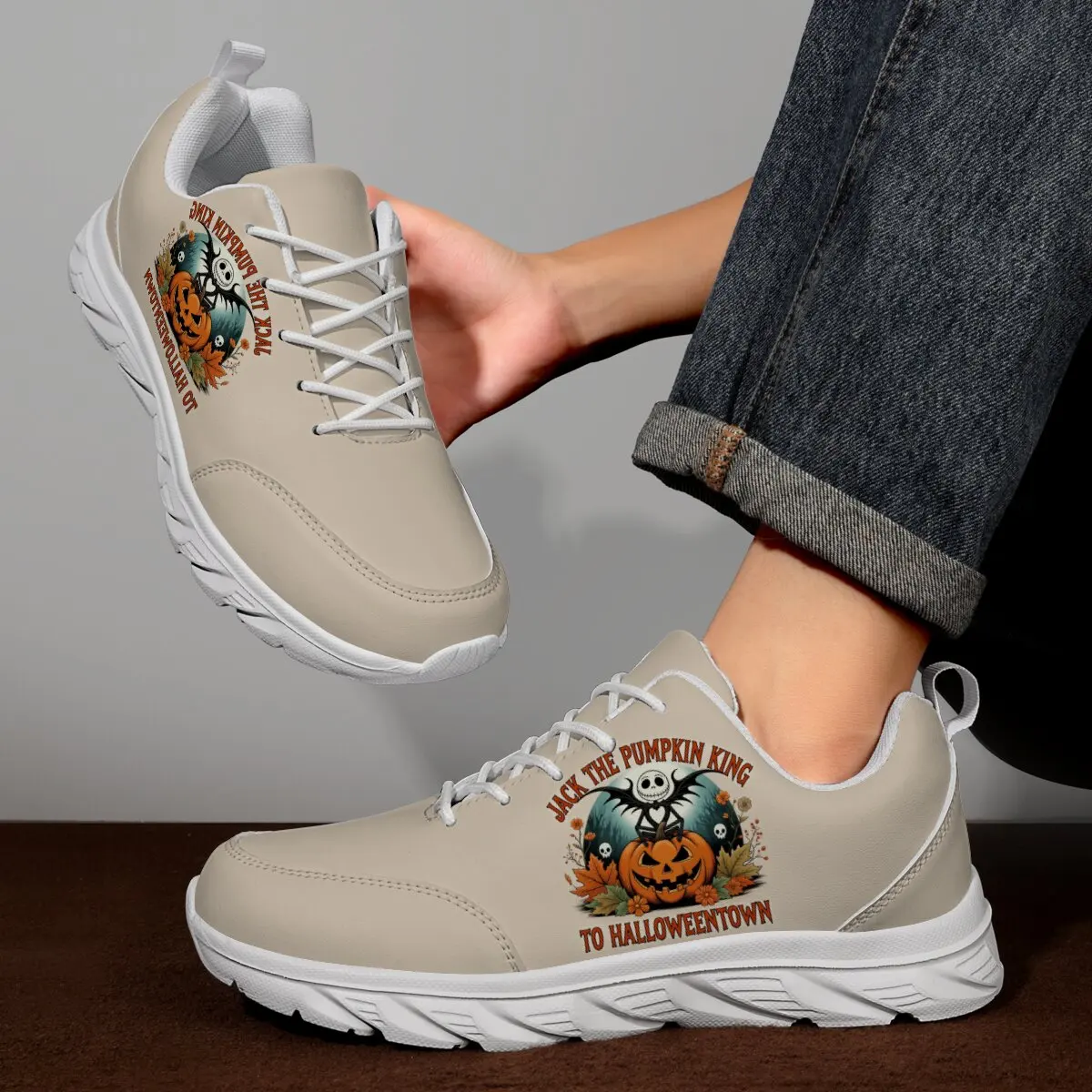 

Casual Flat Sports Shoes with Breathable Lace-up Two Colors and Soft Soles Designed with Halloween Christmas Festival Patterns