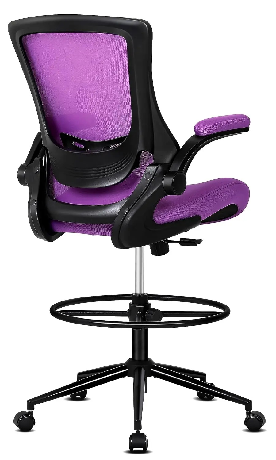 Tall Drafting Chair with Adjustable Lumbar Support, Flip-up Arm & Footrest Ring for Standing Desk, Customized