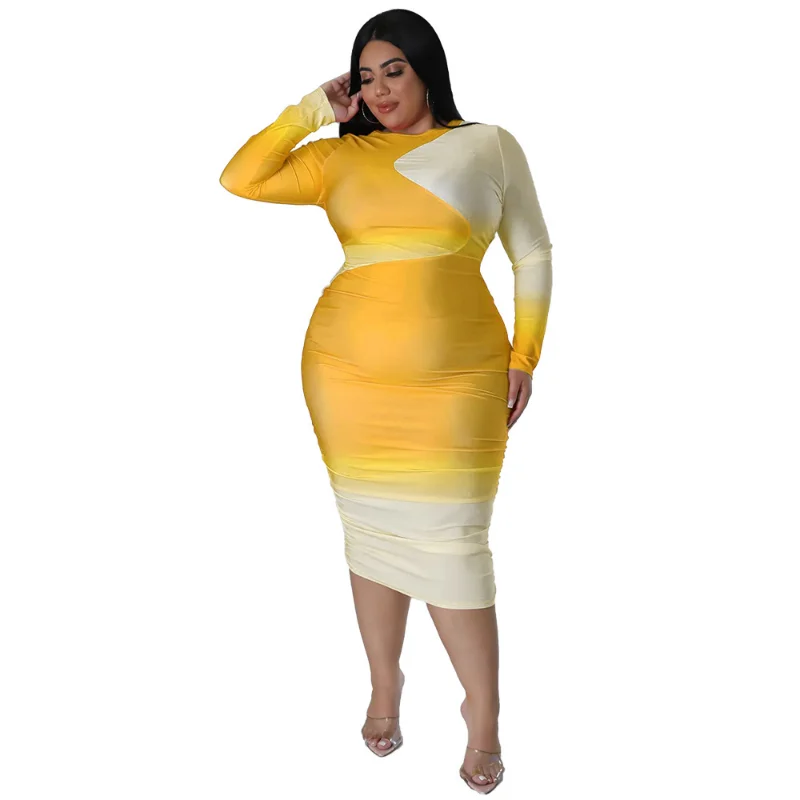 WSFEC L-5XL Plus Size Dresses Women Clothing Fashion Gradient Printing Patchwork Long Sleeve Bodycon Sexy Club Party Midi Dress